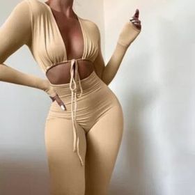 Jumpsuits Bandage Tie Sexy Hollow Out Long Sleeve Bodycon (Color: Beige, size: L)