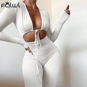 Jumpsuits Bandage Tie Sexy Hollow Out Long Sleeve Bodycon (Color: White, size: L)