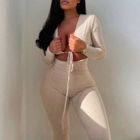 Jumpsuits Bandage Tie Sexy Hollow Out Long Sleeve Bodycon (Color: Off White, size: M)